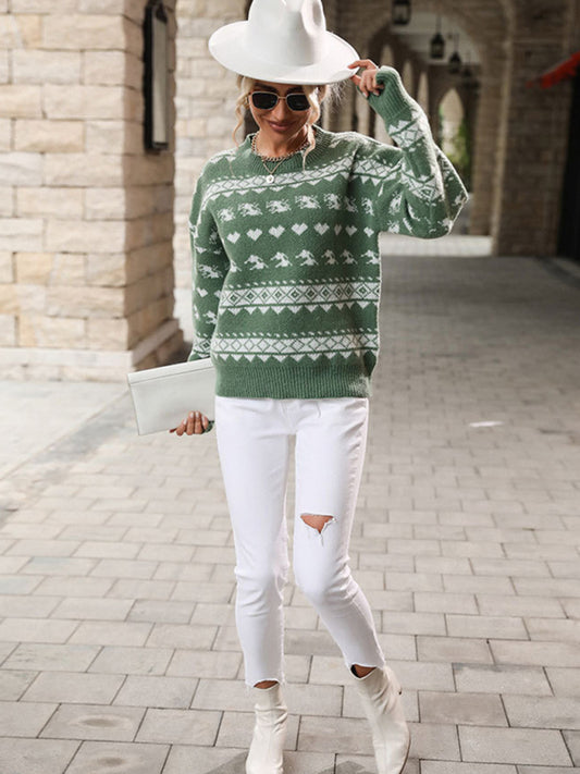 Women's Pullover Knit Contrast Jacquard Christmas Sweater