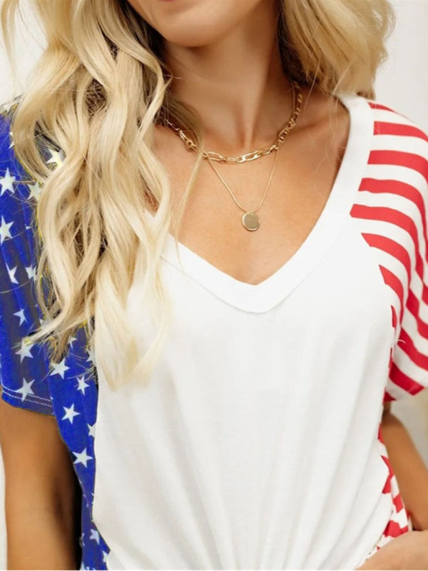 Women's Knitted V-Neck Independence Day Short Sleeve T-Shirt