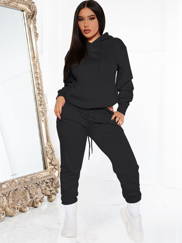 Women’s Solid Color Drawstring Hooded Sweatshirt & High Waisted Sweatpant Joggers