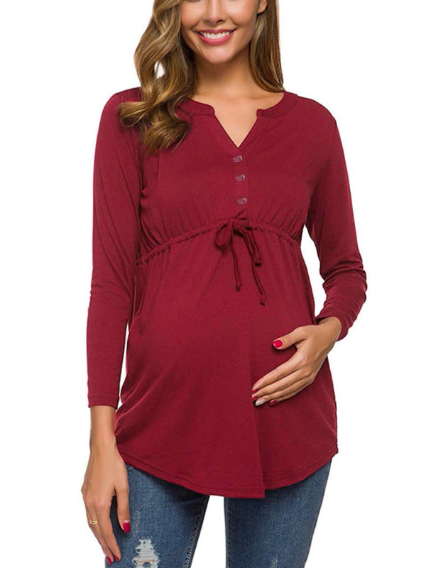 Maternity solid color drawstring button half cardigan long-sleeve T-shirt