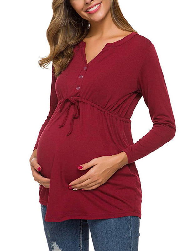 Maternity solid color drawstring button half cardigan long-sleeve T-shirt